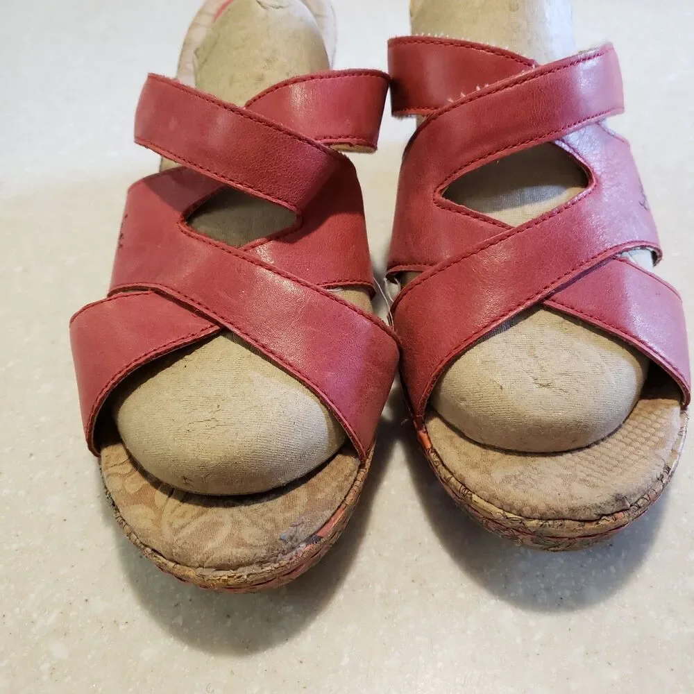 BOC Born Concept Wedge Sandals Sz 9M Red Leather Floral Cork Heels Slip On EUC